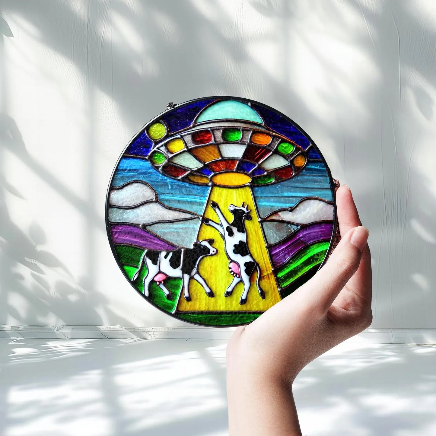 Netecom Funny Alien and Cow UFO Stained Glass Suncatcher – Unique Window Hanging, Spaceship Art Home Decor, Stained Glass or Acrylic Window Decoration