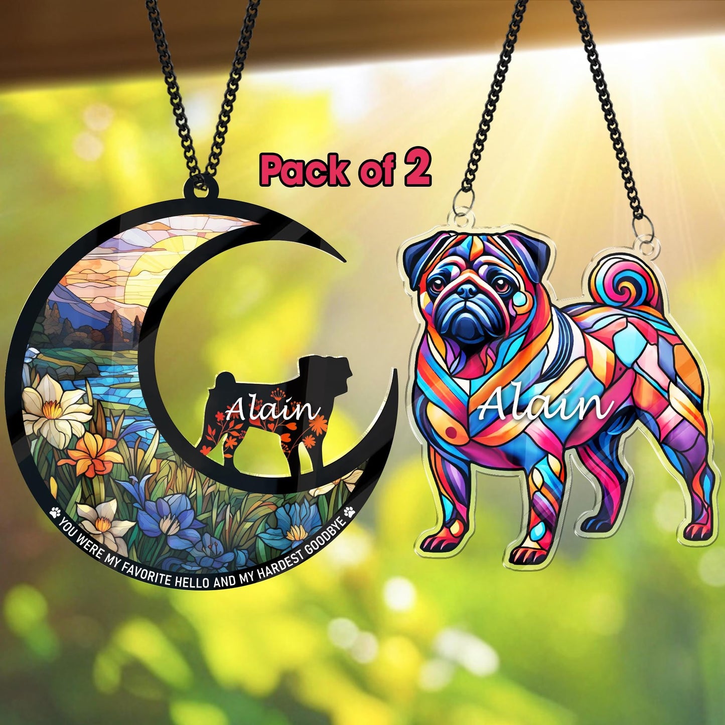 Netecom Pack of 2 Pug Memorial Suncatchers – Dog Remembrance Keepsake, Loss of Dog Memorial Ornament, Pug Decor, Window Hanging