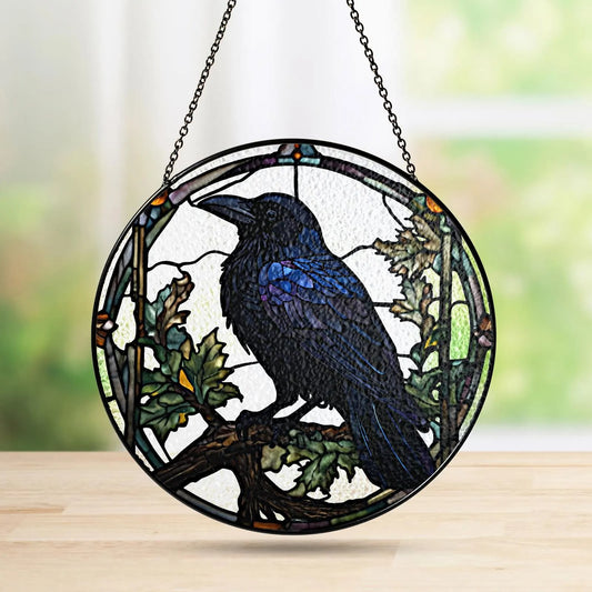 Netecom Raven Stained Glass Suncatcher – Gothic Crow and Dead Leaves Window Hanging, Dark Nature Decor for Garden, Housewarming Gift