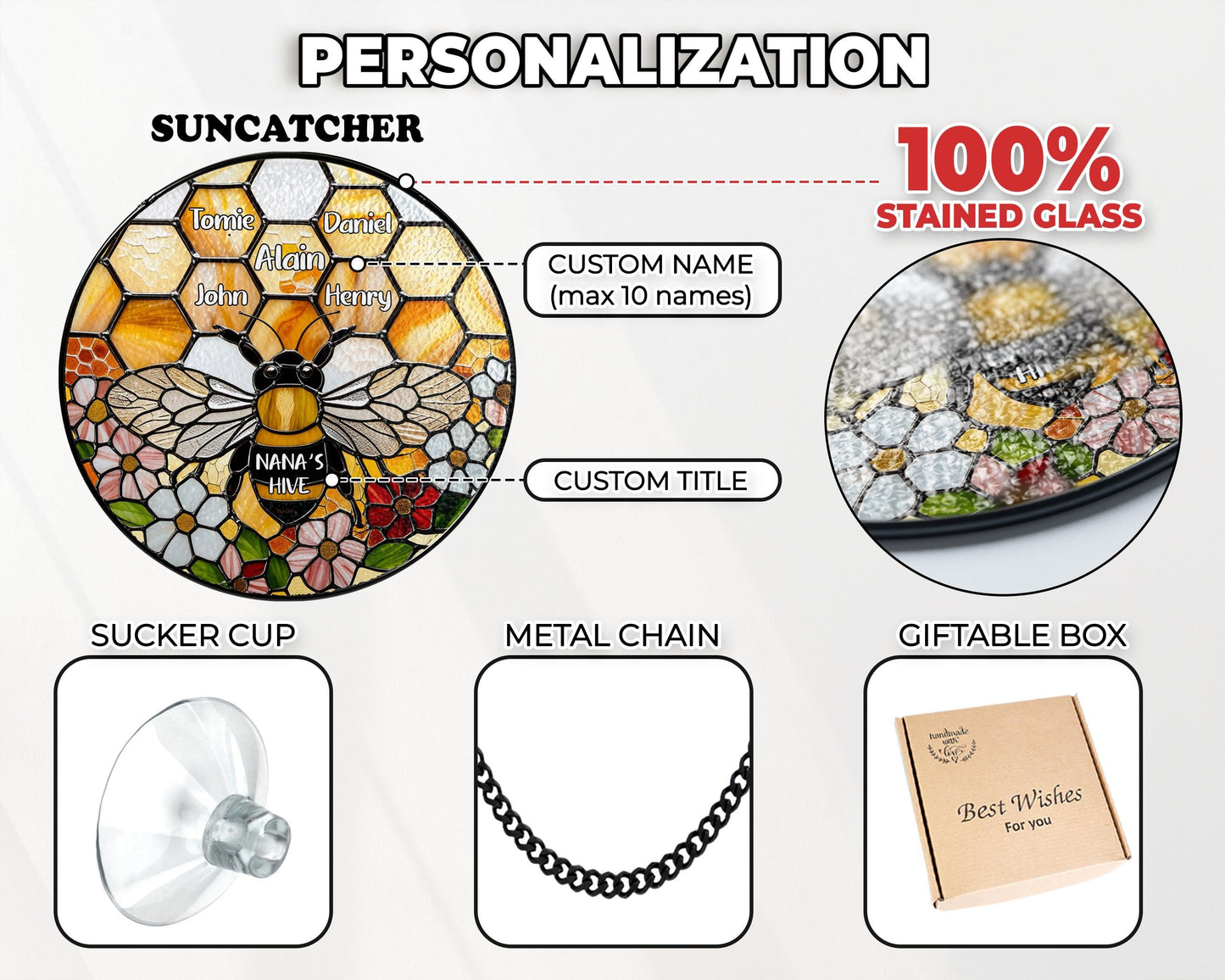 Netecom Personalized Grandma Garden Bee Stained Glass Suncatcher – Honeycomb Bee Window Hanging, Custom Kids Names, Mother’s Day Gift for Grandma and Garden Lovers