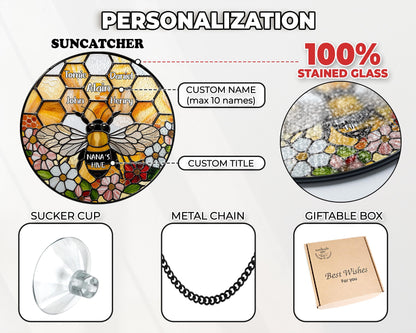 Netecom Personalized Grandma Garden Bee Stained Glass Suncatcher – Honeycomb Bee Window Hanging, Custom Kids Names, Mother’s Day Gift for Grandma and Garden Lovers