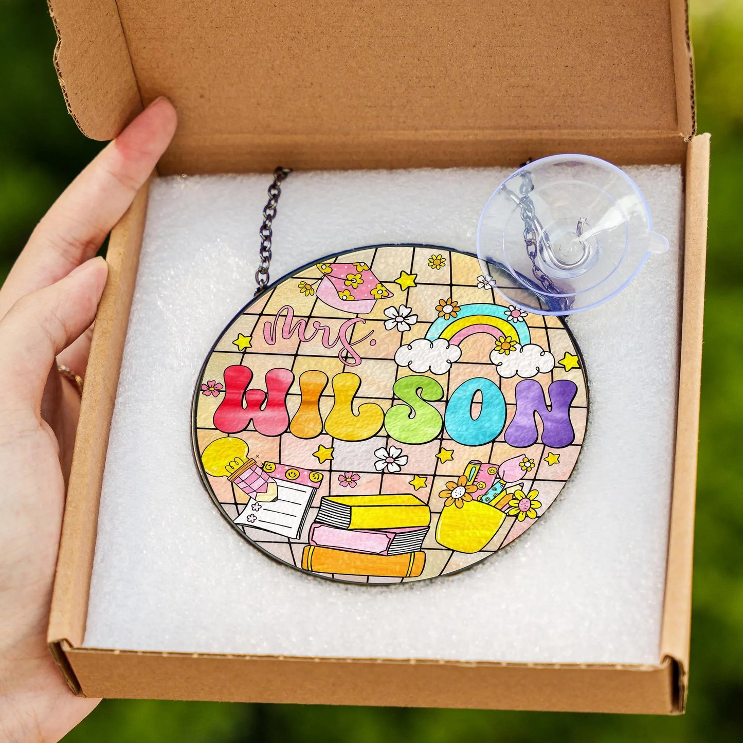 Netecom Personalized Teacher Stained Glass Hanging Sign, Teacher Suncatcher, Name Gift for Teacher, Disco Ball Classroom Decor, Teacher Door Hanger