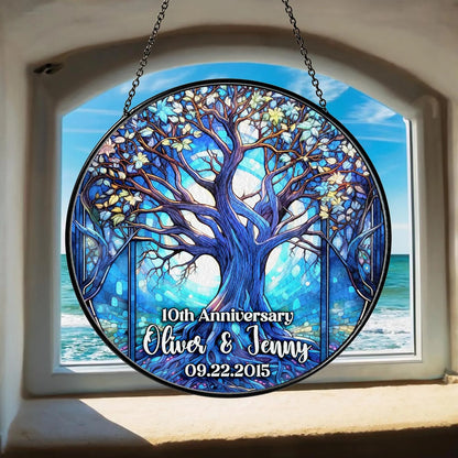 Netecom Personalized 50th Anniversary Tree of Life Suncatcher – Golden Wedding Window Hanging, Custom Tree of Life Glass Gift for Couples Parents Grandma Grandpa