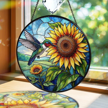 Netecom Hummingbird Sunflower Stained Glass Suncatcher – Window Hanging Bird Ornament and Sympathy Gift for Mom, Indoor Decor, Memory Keepsake
