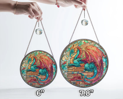 Netecom Fantasy Dragon Book Stained Glass Suncatcher – Magical Window Hanging for Book Lovers, Fantasy Fans, Book Clubs