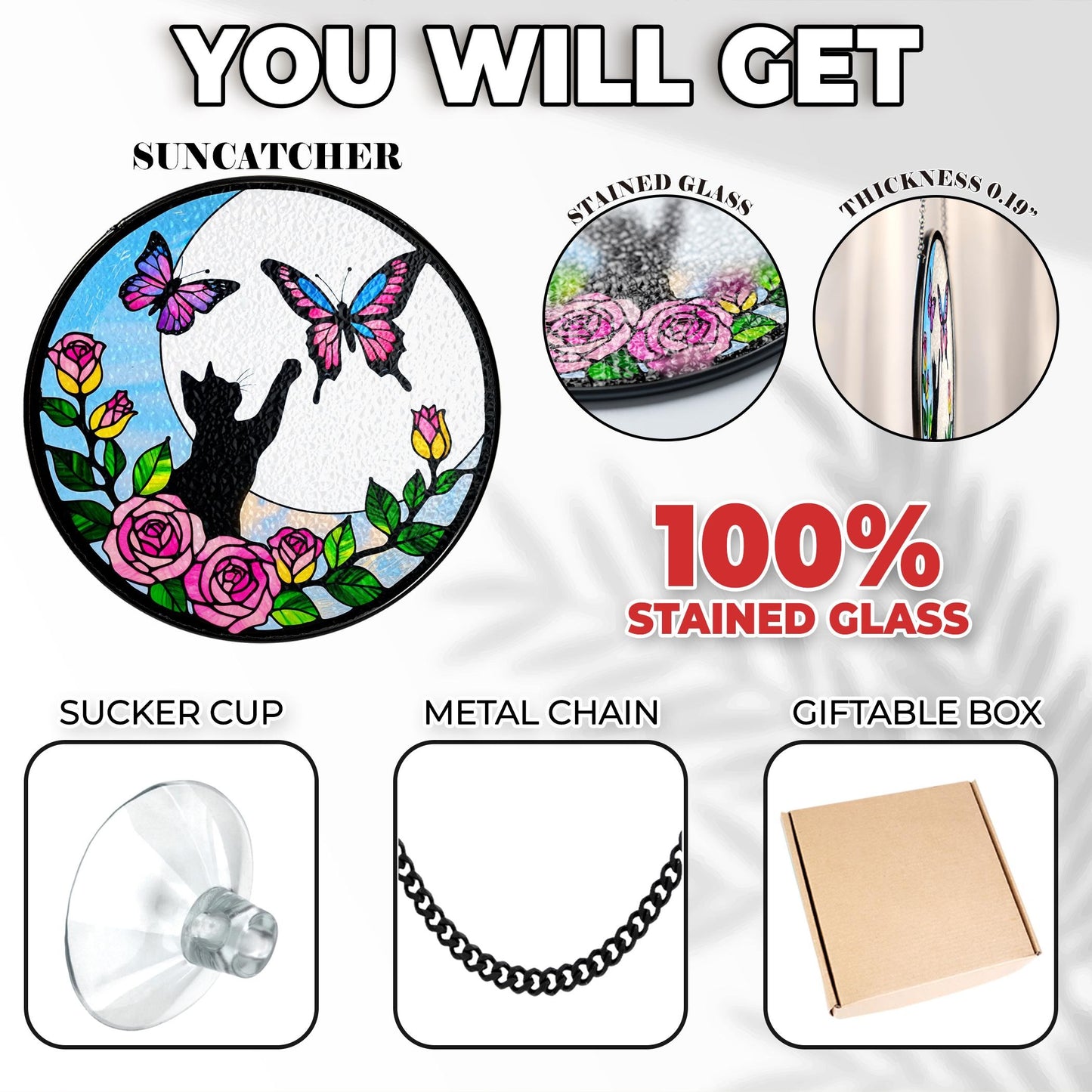 Netecom Cat Stained Glass Butterfly on Moon Suncatcher – Black Cat Memorial Gift, Cat Lover Gift, Pet Loss Suncatcher, Unique Cat Decor for Home and Window