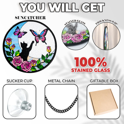 Netecom Cat Stained Glass Butterfly on Moon Suncatcher – Black Cat Memorial Gift, Cat Lover Gift, Pet Loss Suncatcher, Unique Cat Decor for Home and Window