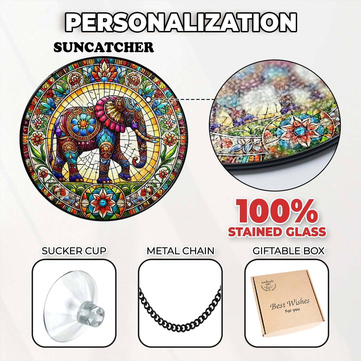 Netecom Elephant Stained Glass Suncatcher – Mandala Elephant Window Hanging Decor, Nature Animal Art, Gift for Elephant Lovers, Mom and Friends