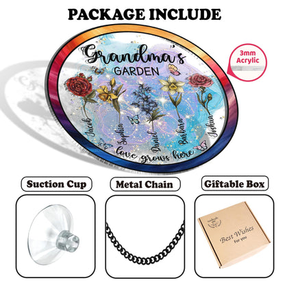 Netecom Personalized Mother’s Day Gift for Grandma – Grandma's Garden Hologram Suncatcher, Custom Birth Flower Crystal Window Hanging