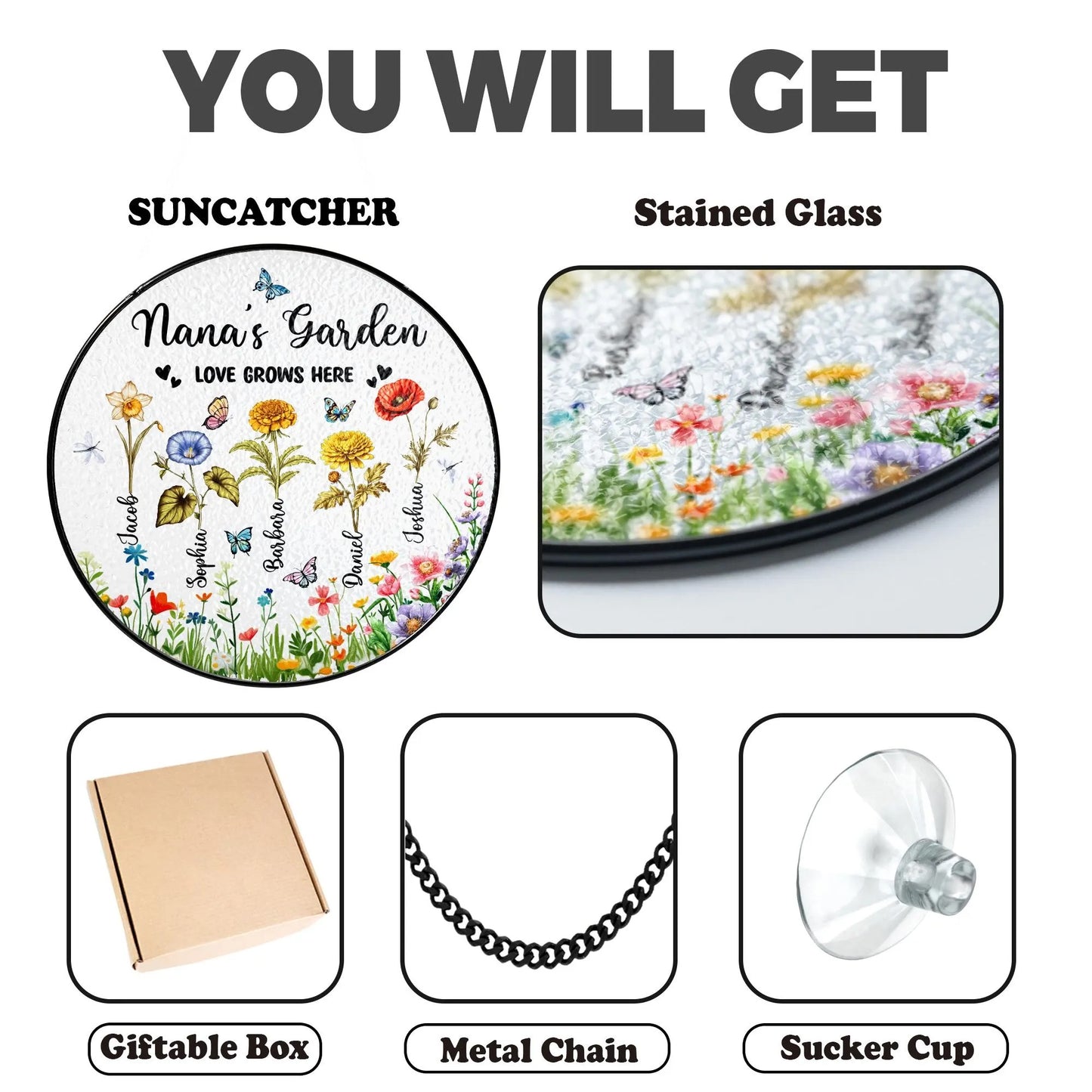 Netecom Personalized Grandma's Garden Suncatcher – Floral Gift for Grandmother, Mother’s Day Window Hanging, Grandkids Decor, Custom Family Keepsake