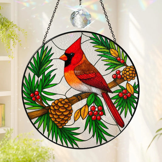Netecom Red Cardinal Glass Stained Suncatcher – Acrylic Bird Window Hanging, Memorial Suncatcher, Cardinal Bird Lover Gift, Home Decor
