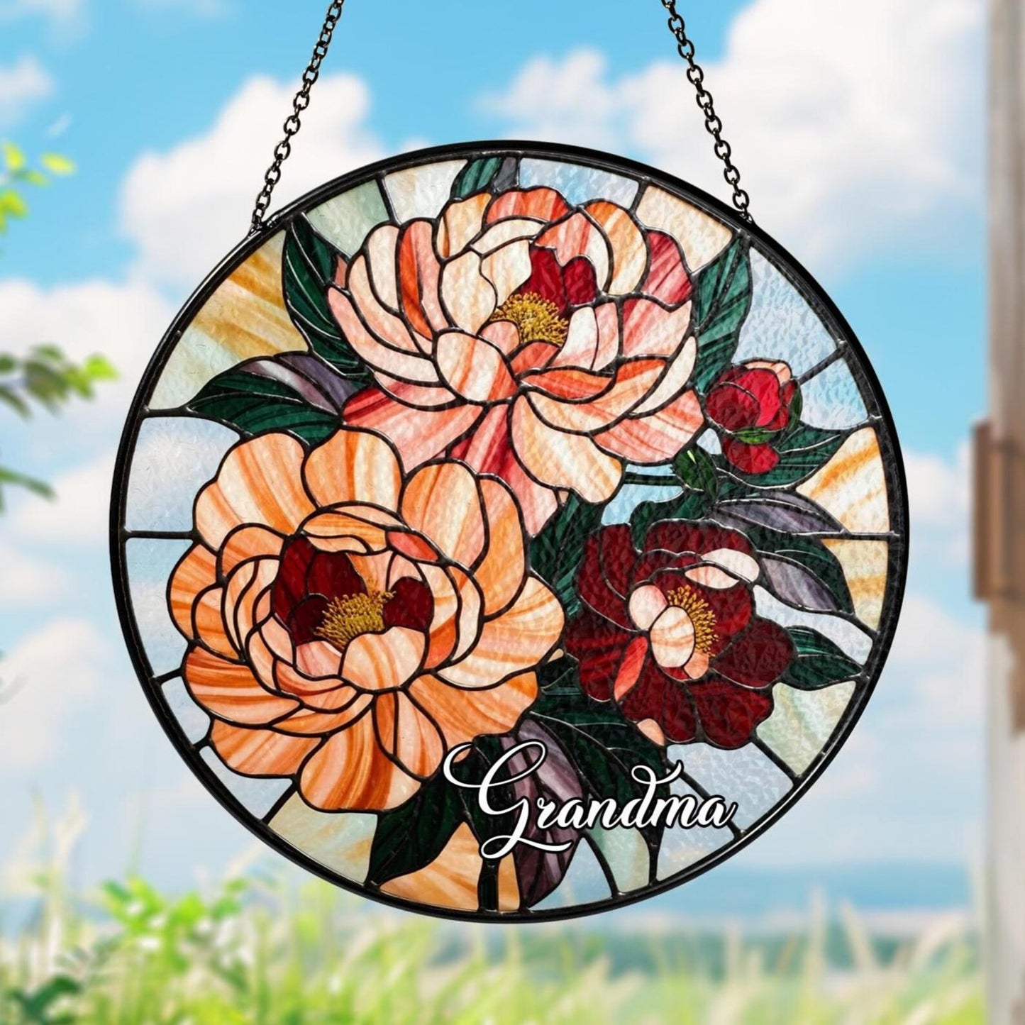 Netecom Peony Stained Glass Suncatcher – November Birth Month Flower, Christmas Window Hanging Gift for Grandma, Mom, and Family
