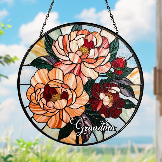 Netecom Peony Stained Glass Suncatcher – November Birth Month Flower, Christmas Window Hanging Gift for Grandma, Mom, and Family