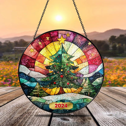 Netecom Christmas Tree Stained Glass Suncatcher, Holiday Window Hanging Ornament, Festive Glass Decor, Gift for Home, Xmas SunCatcher