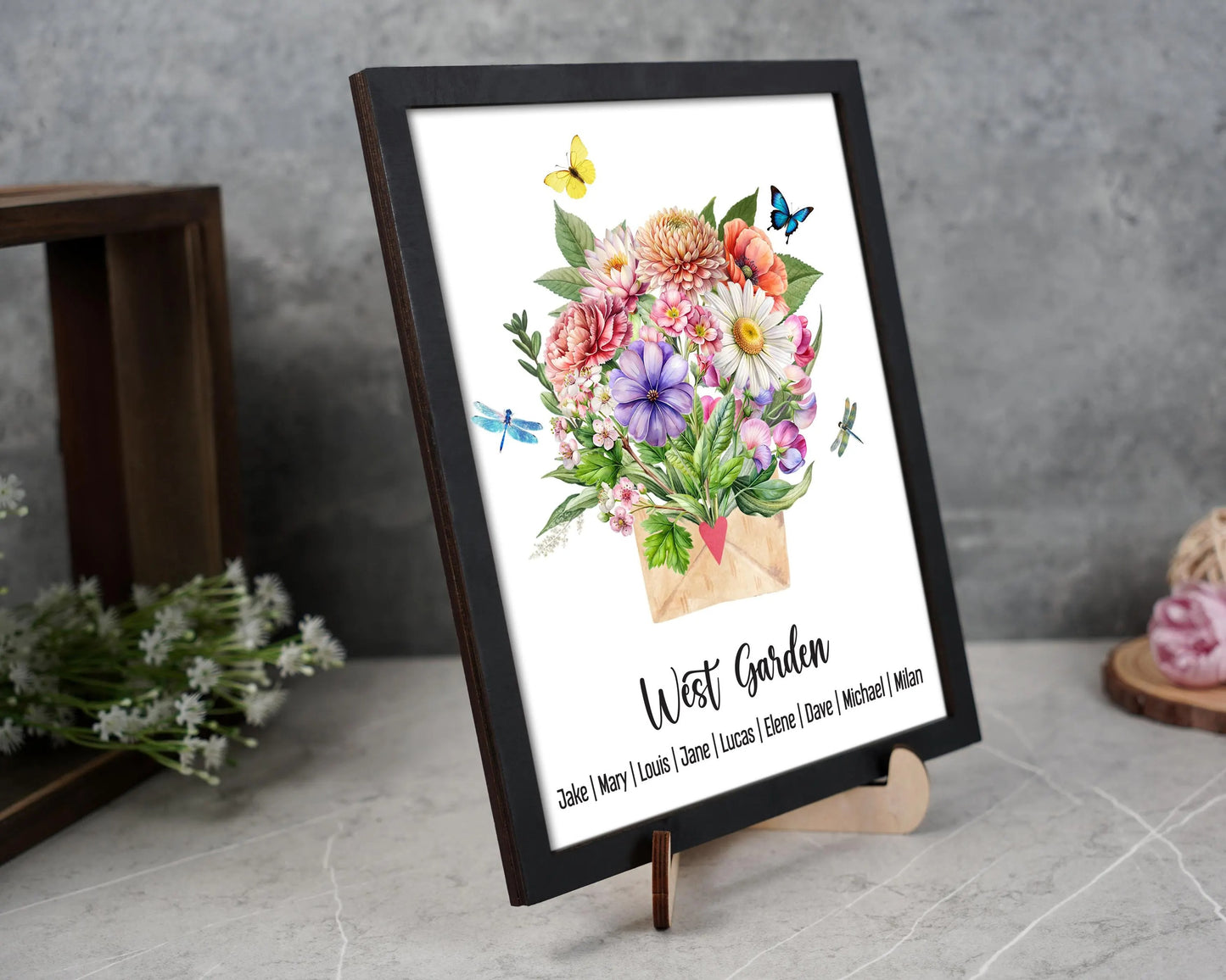 Netecom Personalized Birth Flower Family Wooden Frame Custom Birth Month Garden Sign Mother’s Day Gift for Mom Nana Grandma Wall Art Decor