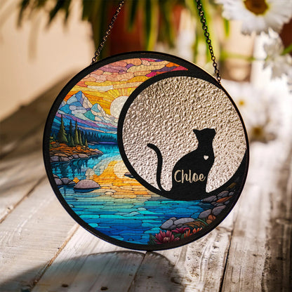 Netecom Personalized Cat Memorial Suncatcher – Stained Glass Look Pet Remembrance Ornament, Rainbow Bridge Window Hanging, Cat Mom Gift