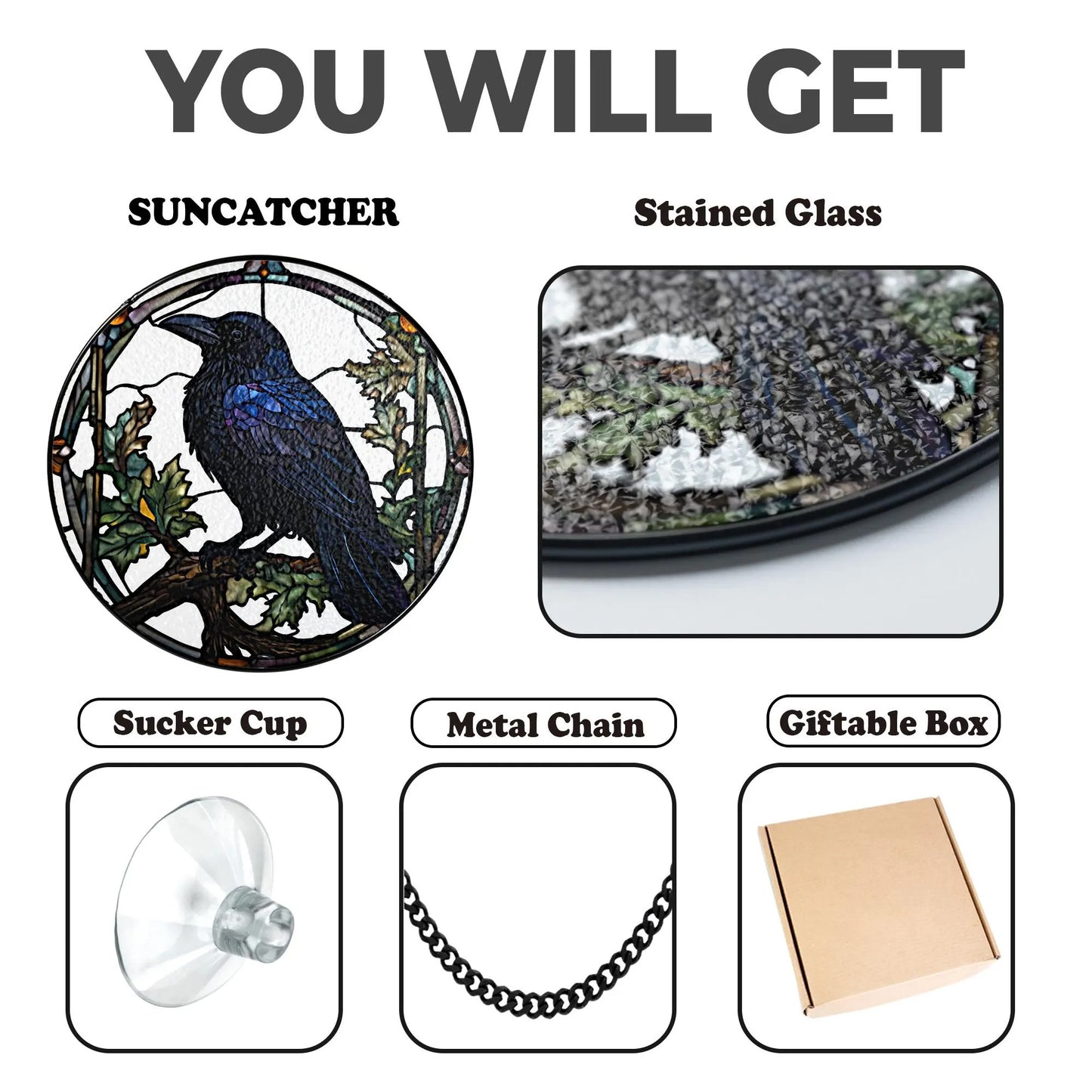 Netecom Raven Stained Glass Suncatcher – Gothic Crow and Dead Leaves Window Hanging, Dark Nature Decor for Garden, Housewarming Gift