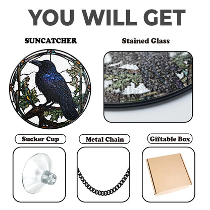 Netecom Raven Stained Glass Suncatcher – Gothic Crow and Dead Leaves Window Hanging, Dark Nature Decor for Garden, Housewarming Gift