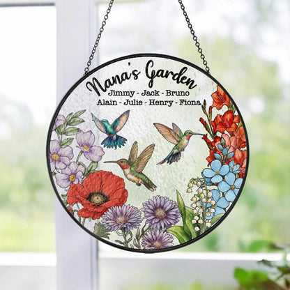 Netecom Personalized Grandma's Garden Gift – Hummingbird Stained Glass Suncatcher, Family Birth Flower, Mother’s Day Gift for Mom Grandma