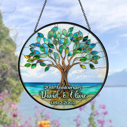 Netecom Personalized 50th Anniversary Tree of Life Suncatcher – Golden Wedding Window Hanging, Custom Tree of Life Glass Gift for Couples Parents Grandma Grandpa