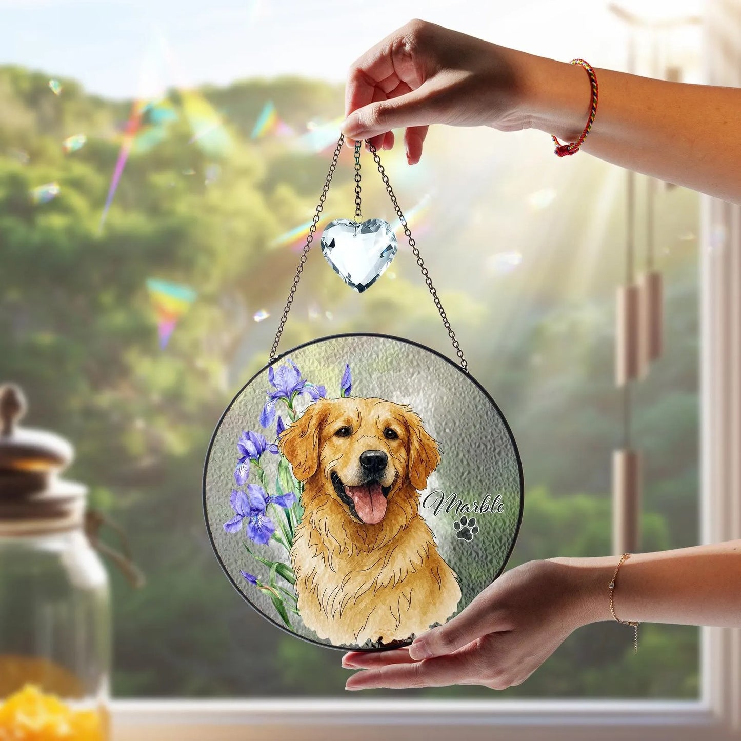 Netecom Personalized Pet Portrait Stained Glass Suncatcher – Custom Pet Memorial Gifts for Dogs and Cats, Handmade Pet Sympathy Window Hanging, Pet Remembrance Keepsake