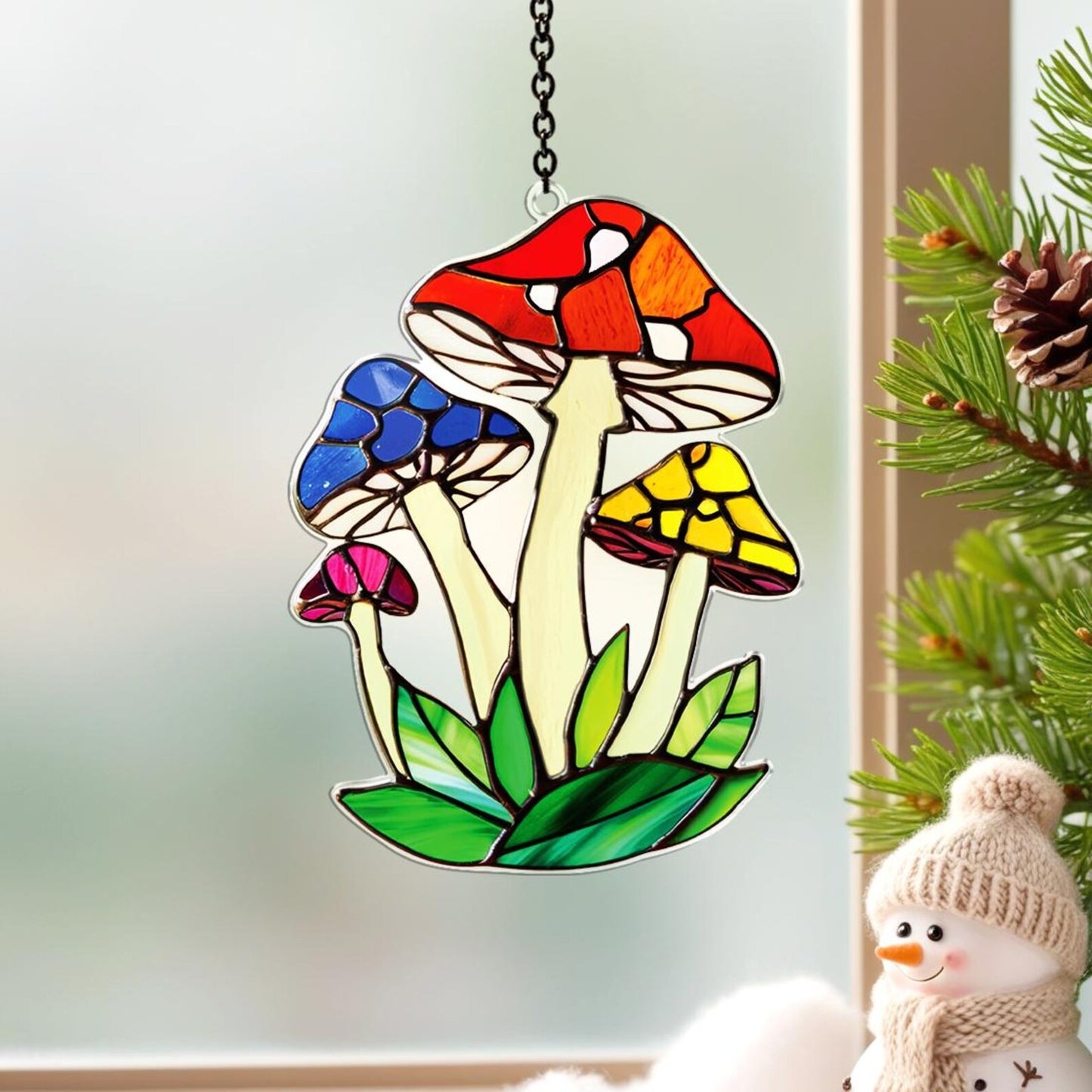 Netecom Mushroom Suncatcher Acrylic Window Hanging, Fly Mushroom Wall Art Decor, Flat 2D Plant Suncatcher, Mushroom Home Decor Gift