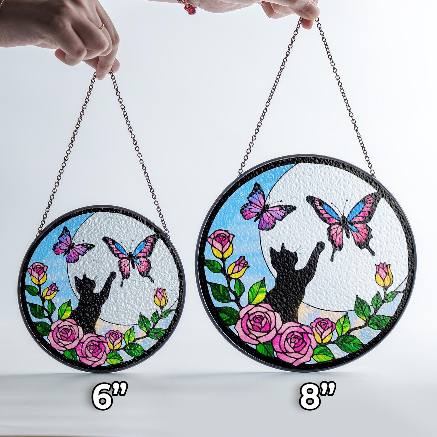 Netecom Cat Stained Glass Butterfly on Moon Suncatcher – Black Cat Memorial Gift, Cat Lover Gift, Pet Loss Suncatcher, Unique Cat Decor for Home and Window
