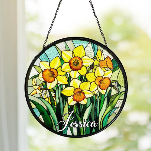 Netecom Daffodil Flowers Stained Glass Suncatcher – March Birth Month Flower, Birth Flower Suncatcher, Nature Lover Gift for Mom, Grandma, or Couples, Perfect Valentine’s Gift