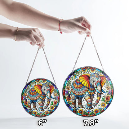 Netecom Elephant Stained Glass Suncatcher – Mandala Elephant Window Hanging Decor, Nature Animal Art, Gift for Elephant Lovers, Mom and Friends