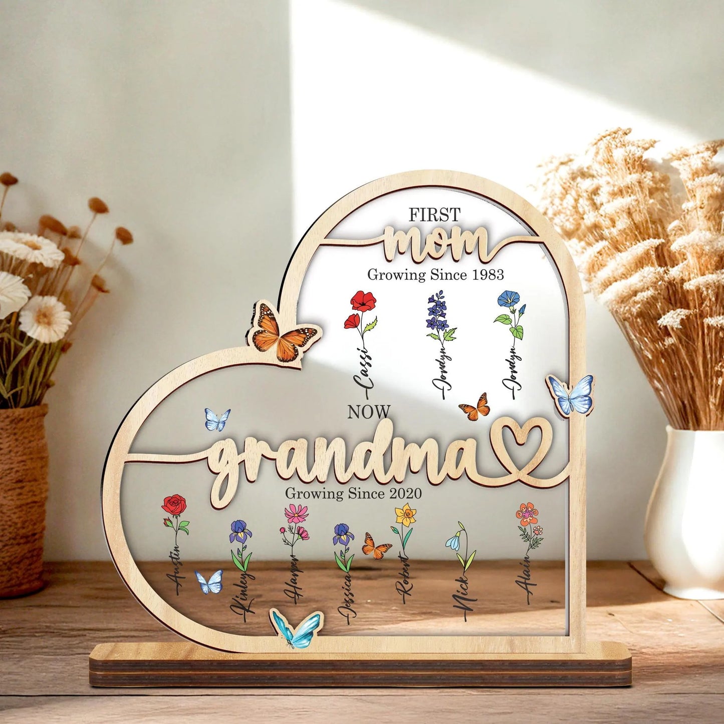 Netecom Grandma’s Garden Wooden Heart Frame Birth Month Flower Sign First Mom Now Grandma Gift Mother’s Day Keepsake