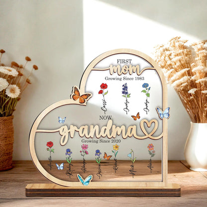 Netecom Grandma’s Garden Wooden Heart Frame Birth Month Flower Sign First Mom Now Grandma Gift Mother’s Day Keepsake