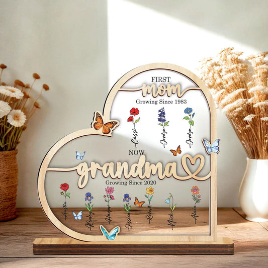 Netecom Grandma’s Garden Wooden Heart Frame Birth Month Flower Sign First Mom Now Grandma Gift Mother’s Day Keepsake