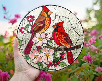 Netecom Cardinal Stained Glass Suncatcher – Male and Female Cardinal Window Hanging, Glass Art Home Decor, Memorial Gift for Cardinal Lovers, Women’s Gift