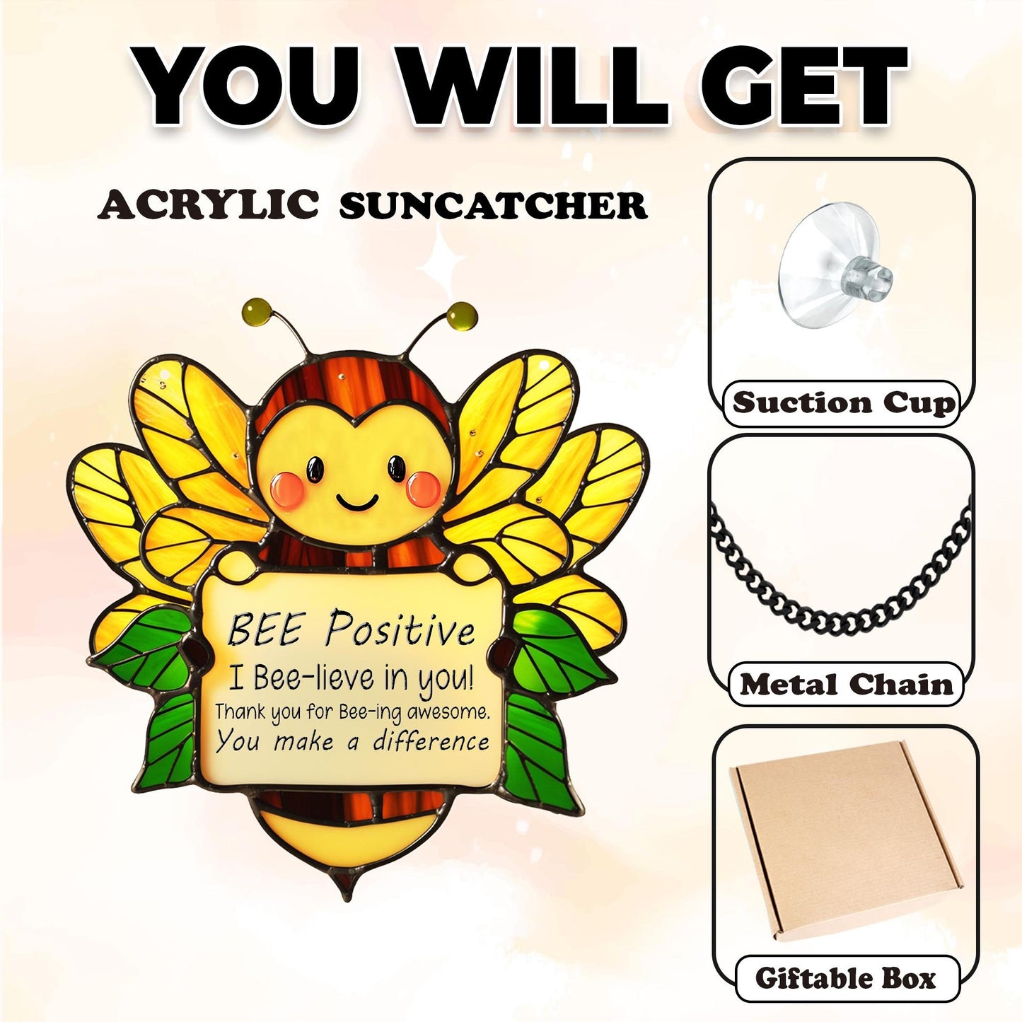 Netecom Acrylic Bee Sunflower Suncatcher, Emotional Support Gift, Inspirational Window Art for Home, Office, Teacher Appreciation