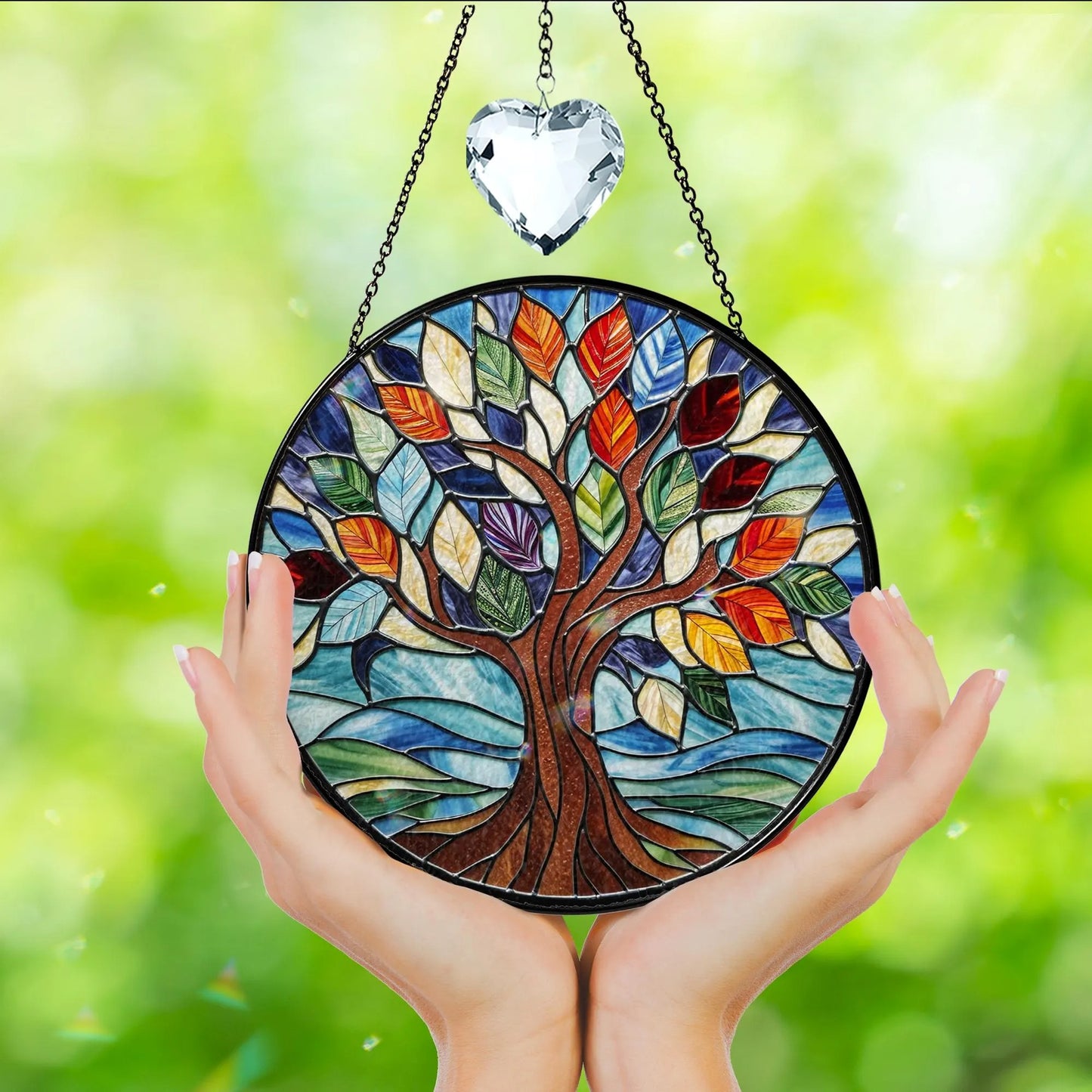 Netecom Personalized Tree of Life Stained Glass Suncatcher, Custom Window Hanging, Crystal Sun Catcher Home Decor Gift, Spiritual Glass Ornament