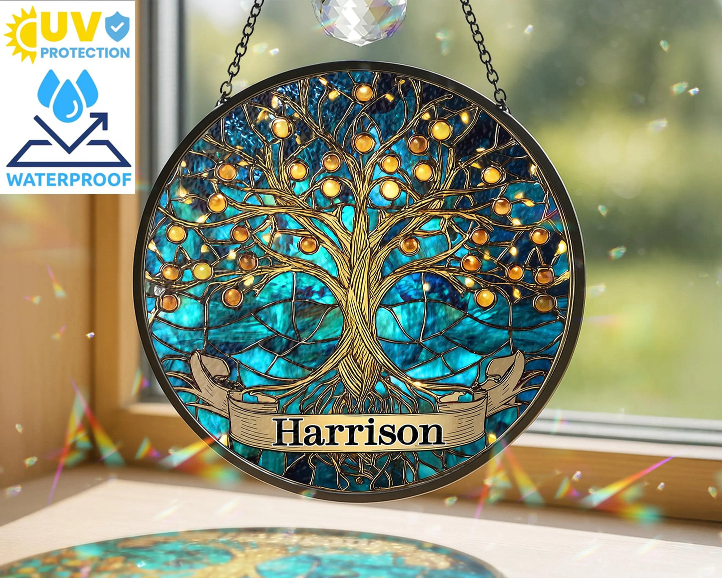 Netecom Personalized Tree of Life Stained Glass Suncatcher – Family Tree Window Hanging, Home Decor, Memorial Gift for Mom Grandma Family