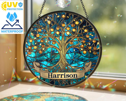 Netecom Personalized Tree of Life Stained Glass Suncatcher – Family Tree Window Hanging, Home Decor, Memorial Gift for Mom Grandma Family