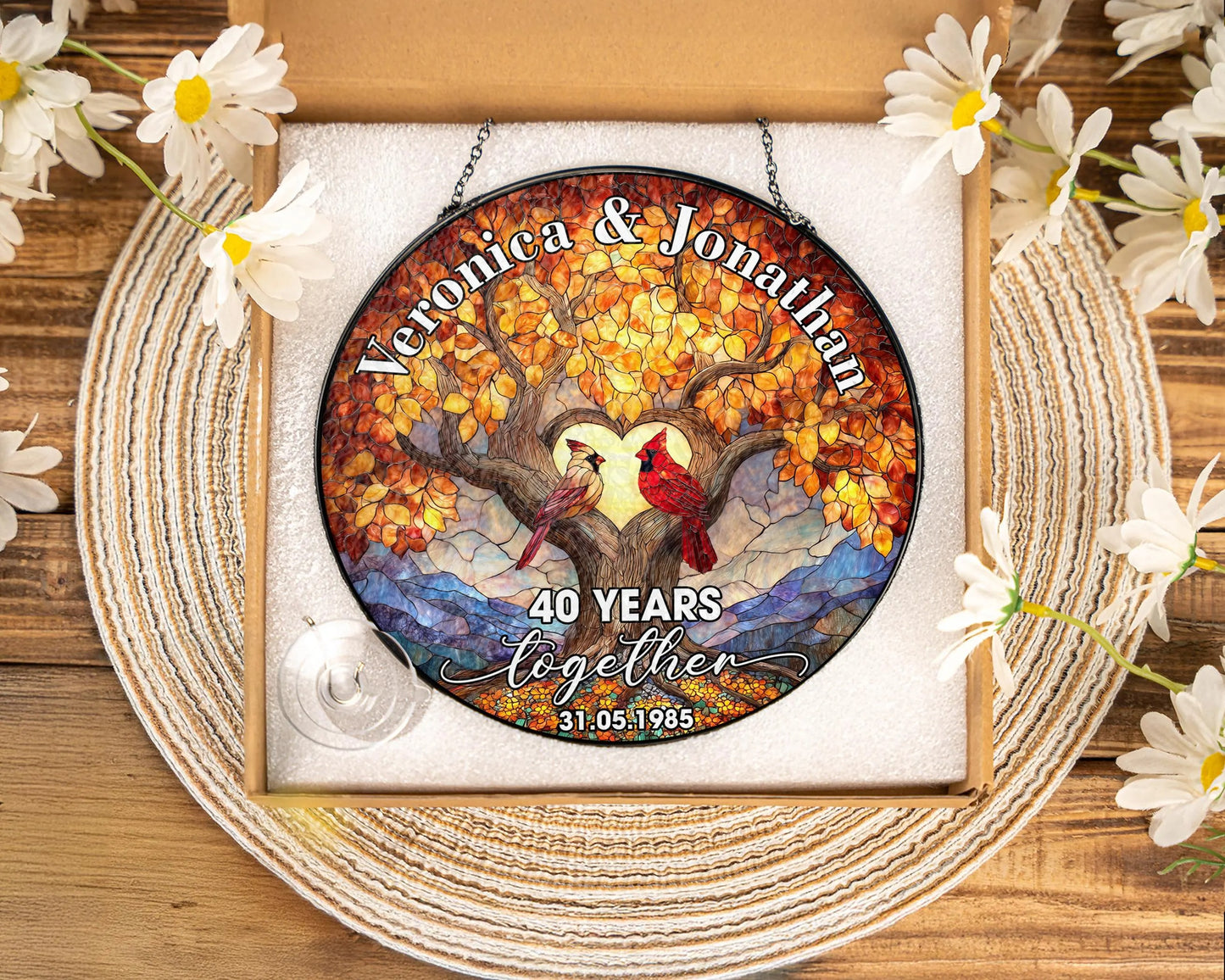 Netecom Custom 40th Anniversary Stained Glass Suncatcher – Personalized Ruby Anniversary Gift, Cardinal Bird Window Hanging, Wedding Anniversary Keepsake for Parents or Couple