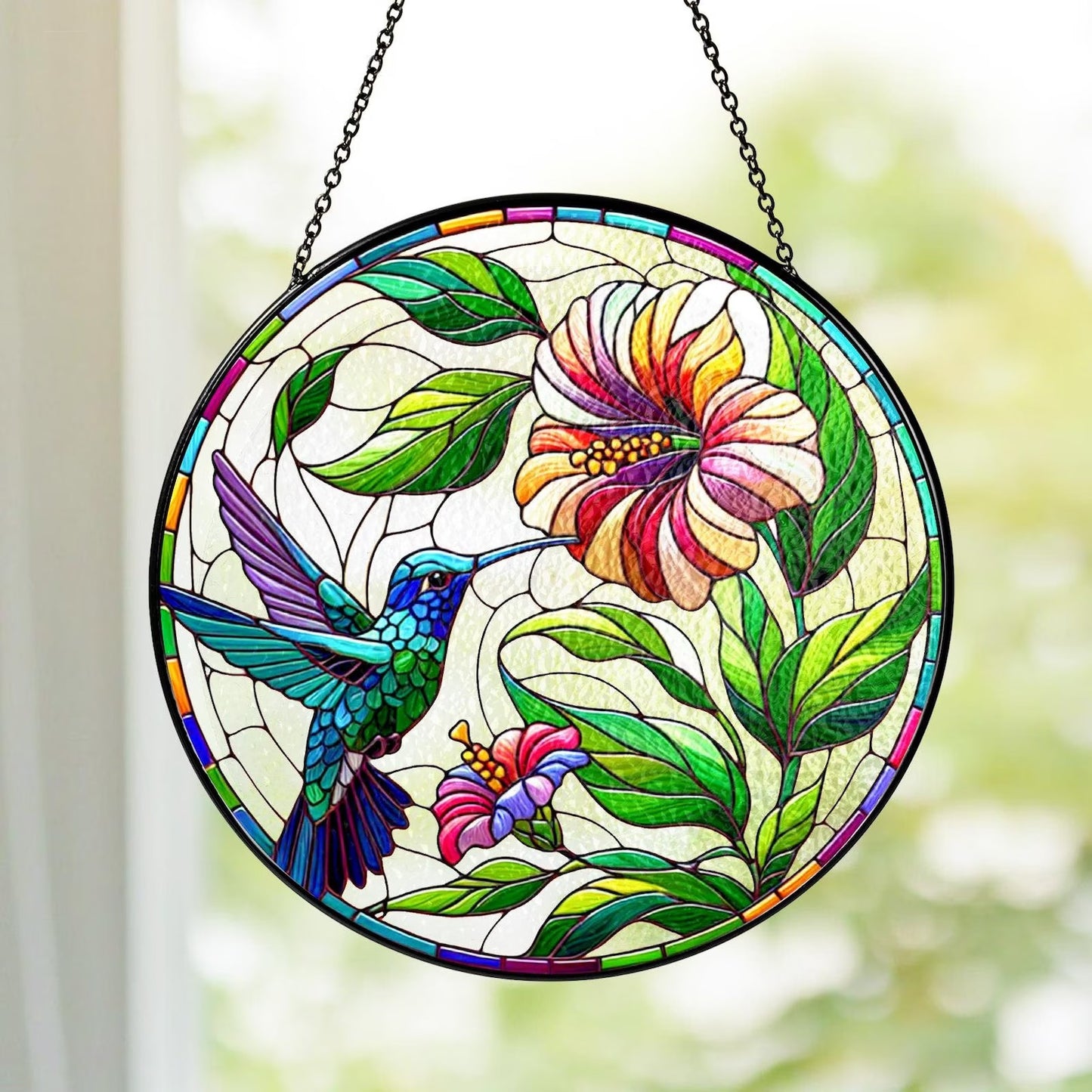 Netecom Hummingbird Stained Glass Suncatcher – Poppy Flower Window Hanging, Bird Lover Gift for Mom Grandma, Acrylic and Glass Home Decor