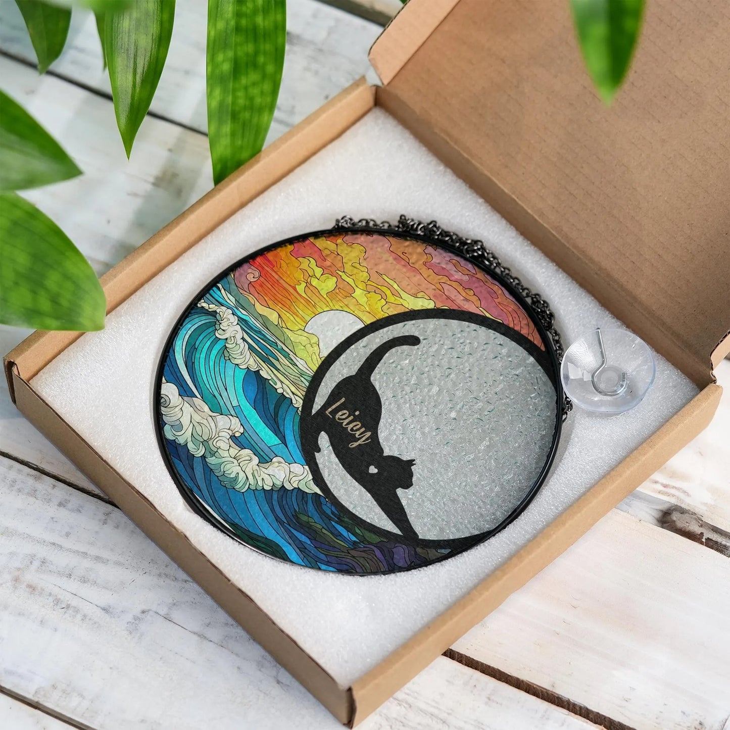 Netecom Personalized Cat Memorial Suncatcher – Stained Glass Look Pet Remembrance Ornament, Rainbow Bridge Window Hanging, Cat Mom Gift