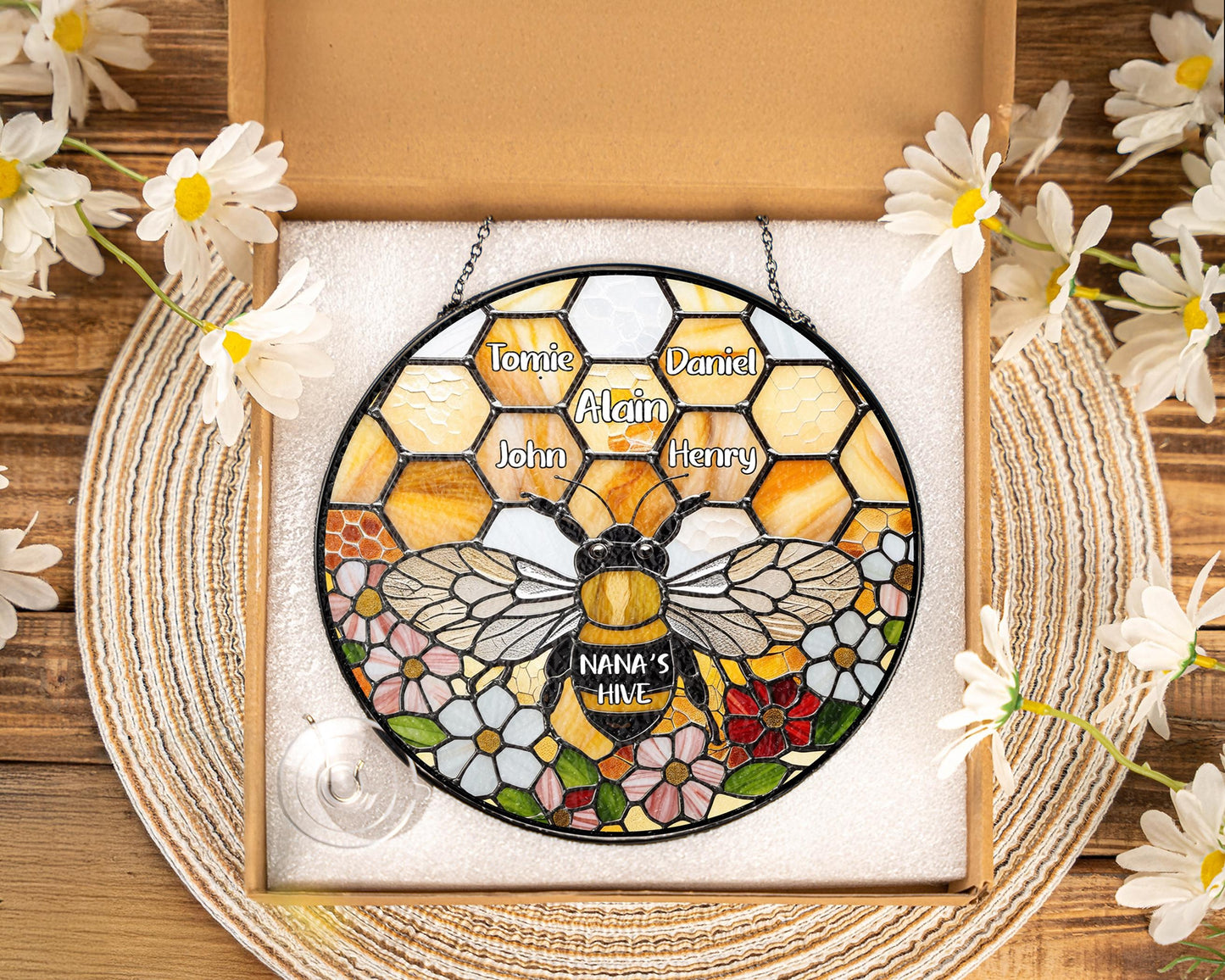 Netecom Personalized Grandma Garden Bee Stained Glass Suncatcher – Honeycomb Bee Window Hanging, Custom Kids Names, Mother’s Day Gift for Grandma and Garden Lovers