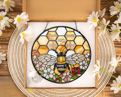 Netecom Personalized Grandma Garden Bee Stained Glass Suncatcher – Honeycomb Bee Window Hanging, Custom Kids Names, Mother’s Day Gift for Grandma and Garden Lovers