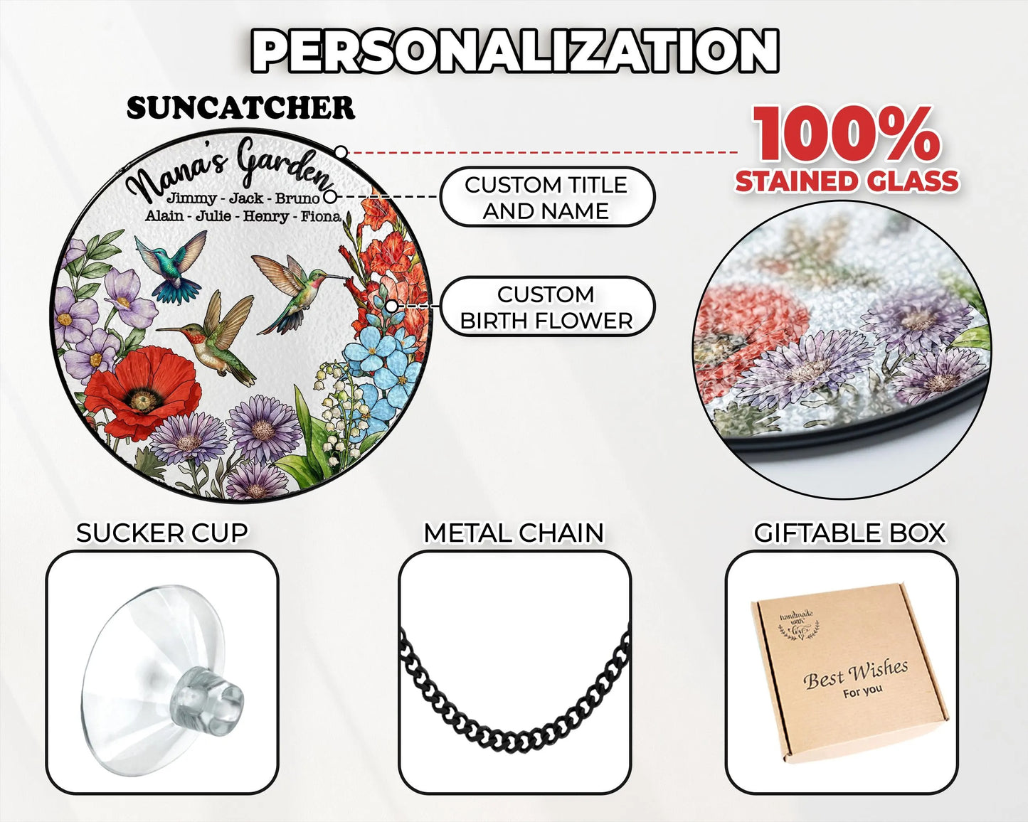 Netecom Personalized Grandma's Garden Gift – Hummingbird Stained Glass Suncatcher, Family Birth Flower, Mother’s Day Gift for Mom Grandma