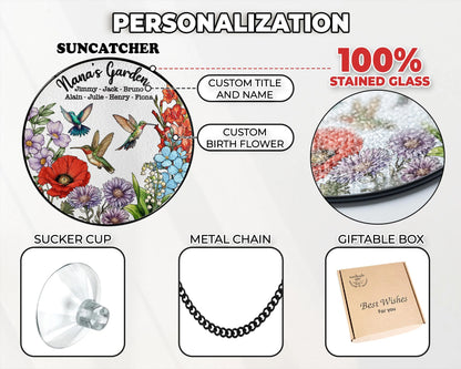 Netecom Personalized Grandma's Garden Gift – Hummingbird Stained Glass Suncatcher, Family Birth Flower, Mother’s Day Gift for Mom Grandma