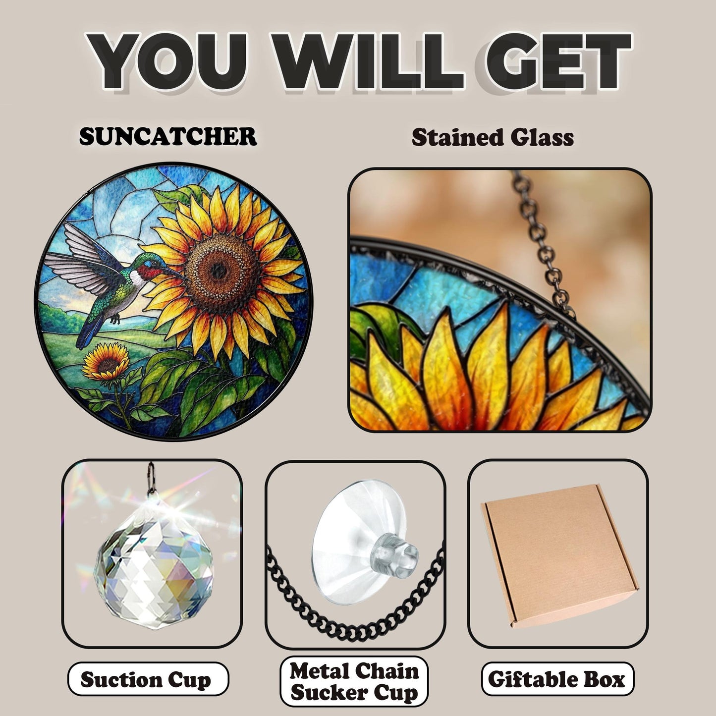 Netecom Hummingbird Sunflower Stained Glass Suncatcher – Window Hanging Bird Ornament and Sympathy Gift for Mom, Indoor Decor, Memory Keepsake
