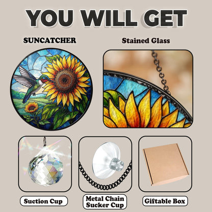 Netecom Hummingbird Sunflower Stained Glass Suncatcher – Window Hanging Bird Ornament and Sympathy Gift for Mom, Indoor Decor, Memory Keepsake