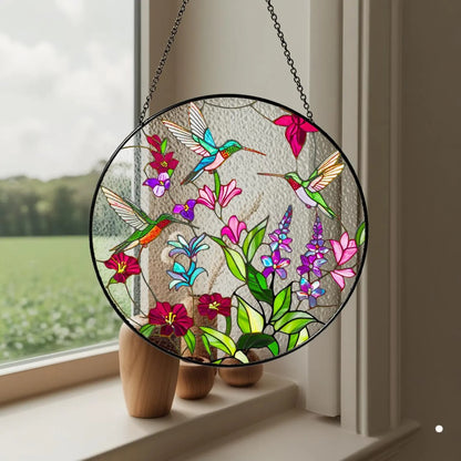 Netecom Stained Glass Hummingbird Suncatcher – Bird Glass Art, Wild Flower Window Hanging, Perfect Gift for Hummingbird Lovers, Indoor Decor, Women’s Gift