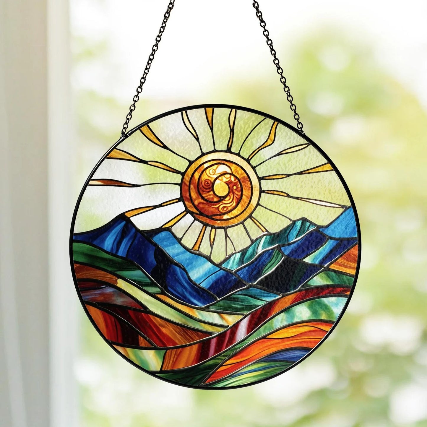 Netecom Mountain Range Stained Glass Suncatcher – Nature-Inspired Window Hanging, Sunrise and Sunset Decor for Home