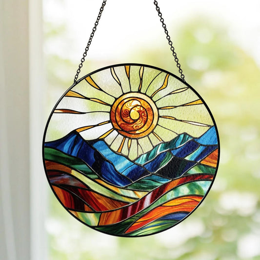 Netecom Mountain Range Stained Glass Suncatcher – Nature-Inspired Window Hanging, Sunrise and Sunset Decor for Home