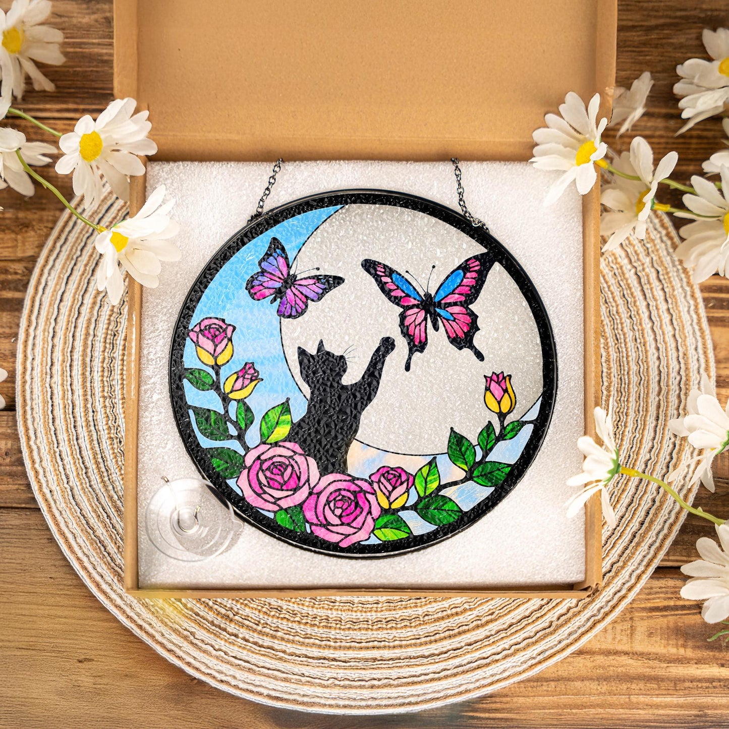Netecom Cat Stained Glass Butterfly on Moon Suncatcher – Black Cat Memorial Gift, Cat Lover Gift, Pet Loss Suncatcher, Unique Cat Decor for Home and Window